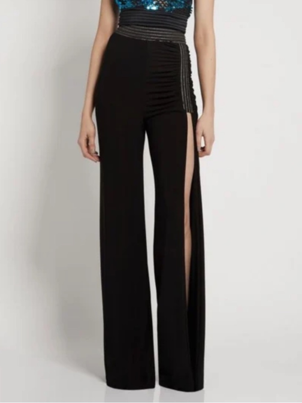 New Zhivago Maddalena Black High-Waist Wide Leg Pants with Side Slit